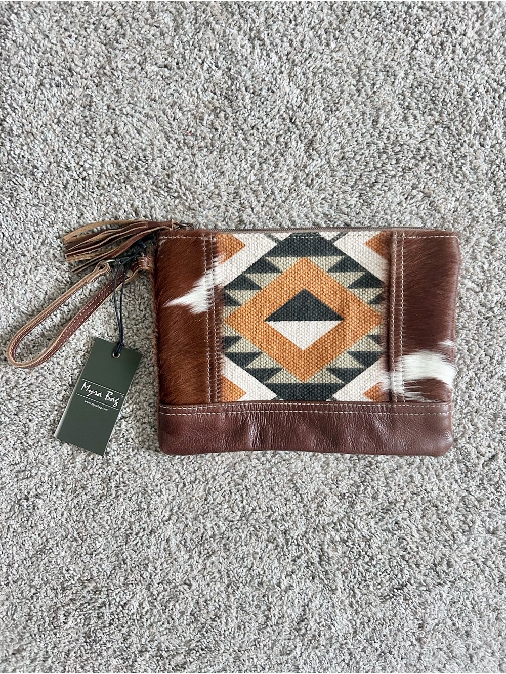 NEW Myra Bag Congo Pouch Aztec Print Cowhide Brown Leather Bag